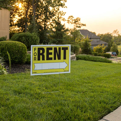 22 x 32 Corrugate For Rent Sign with Stake. Image showcases this bright colorful sign in suburban area to draw attention to the space that's for rent.
