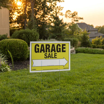 22 x 32 Garage Sale Corrugate Sign. Image showcases bright colorful sign in suburban area pointing people to garage sale location. s 